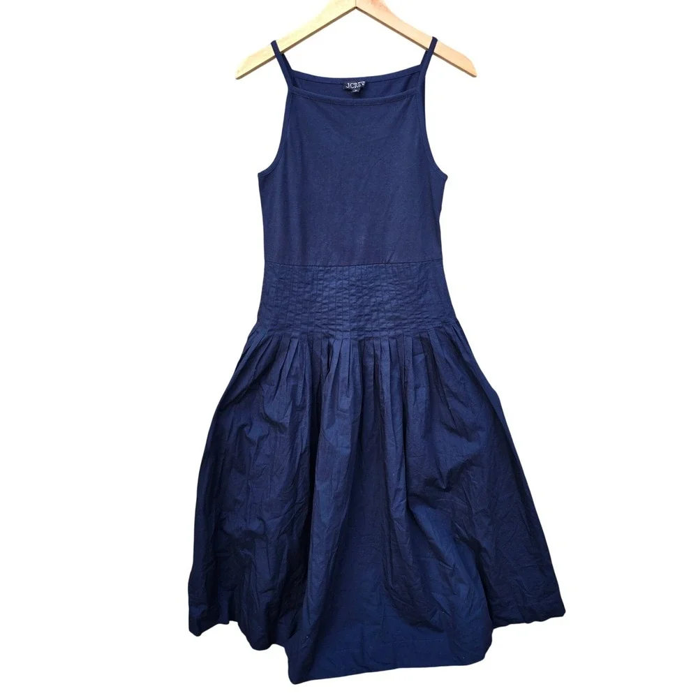 J. Crew NWT Pintuck Mixy Dress Navy Blue Square Neck Midi Pleated Waist Size M